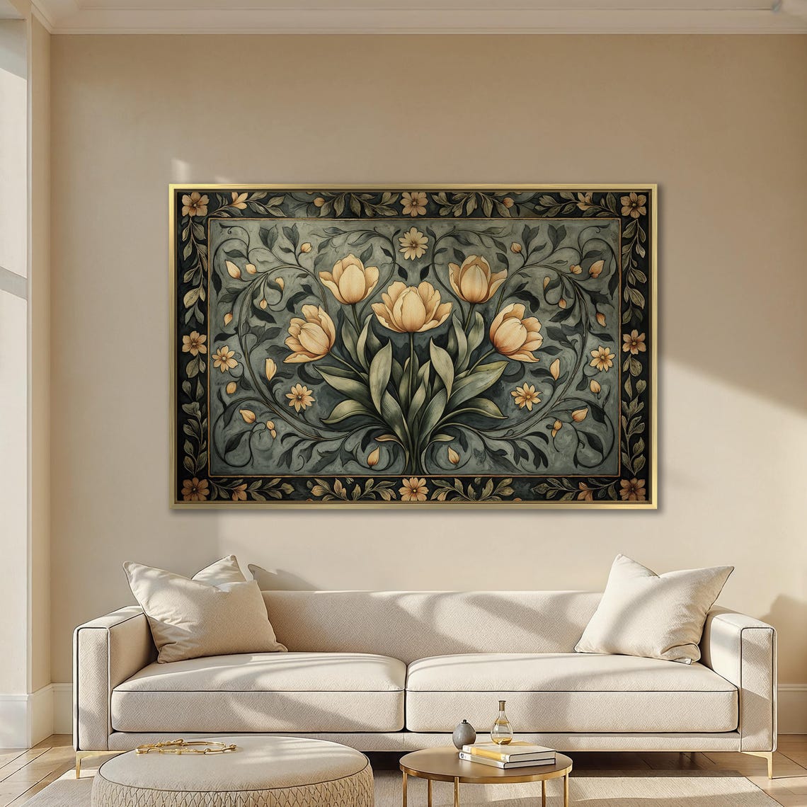 Golden Tulips On Sage Tapestry Style Vintage Botanical Poster - Image 2