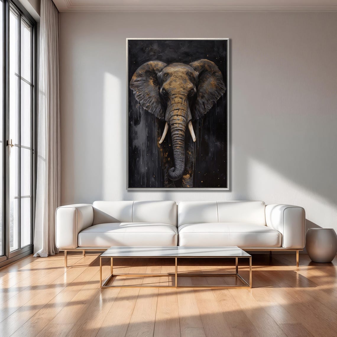 Elephant Front Portrait Gold And Black Brushstrokes Animal Wall Art - Image 3