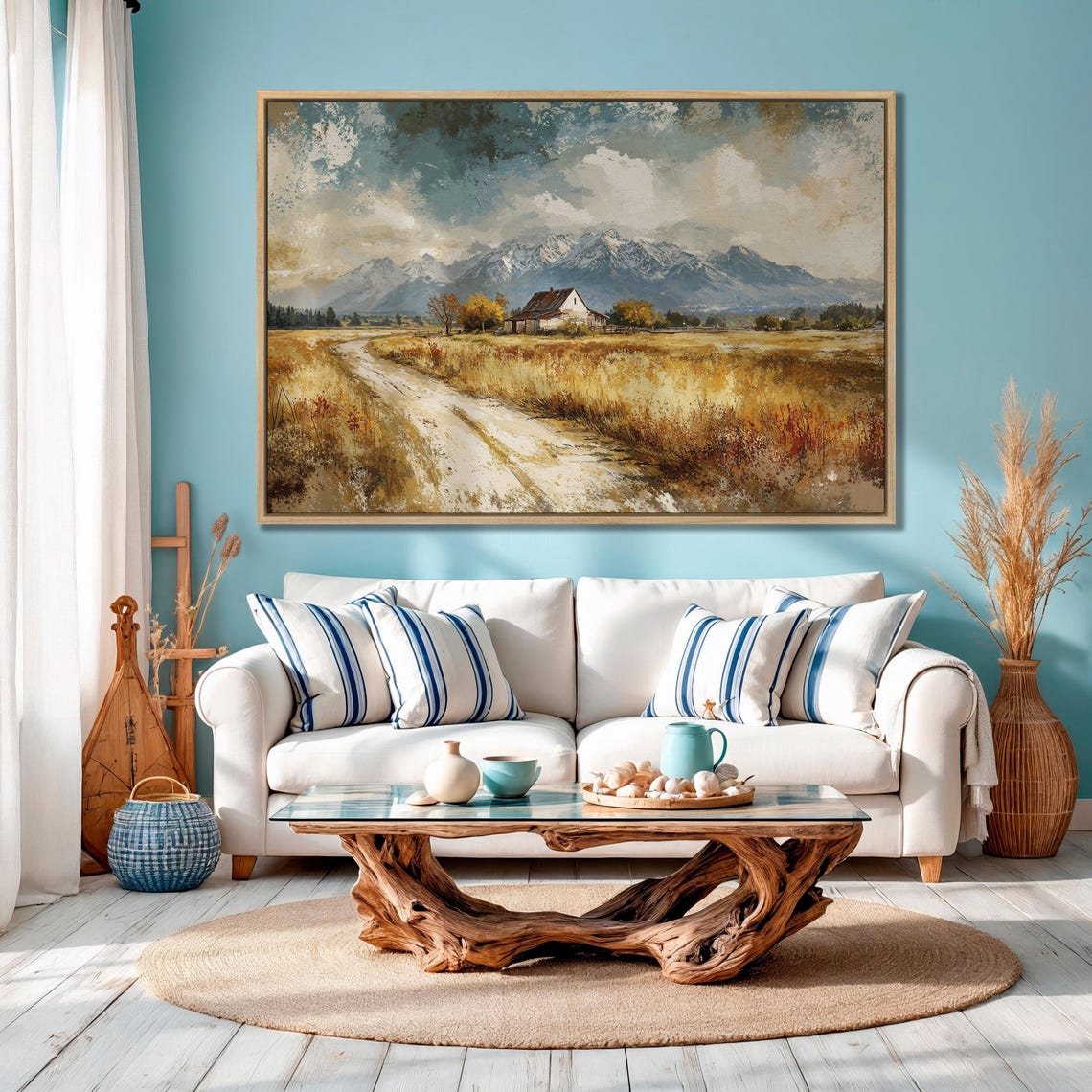 Autumn Barn Path Under Snow-Capped Mountain Landscape Poster - Image 4