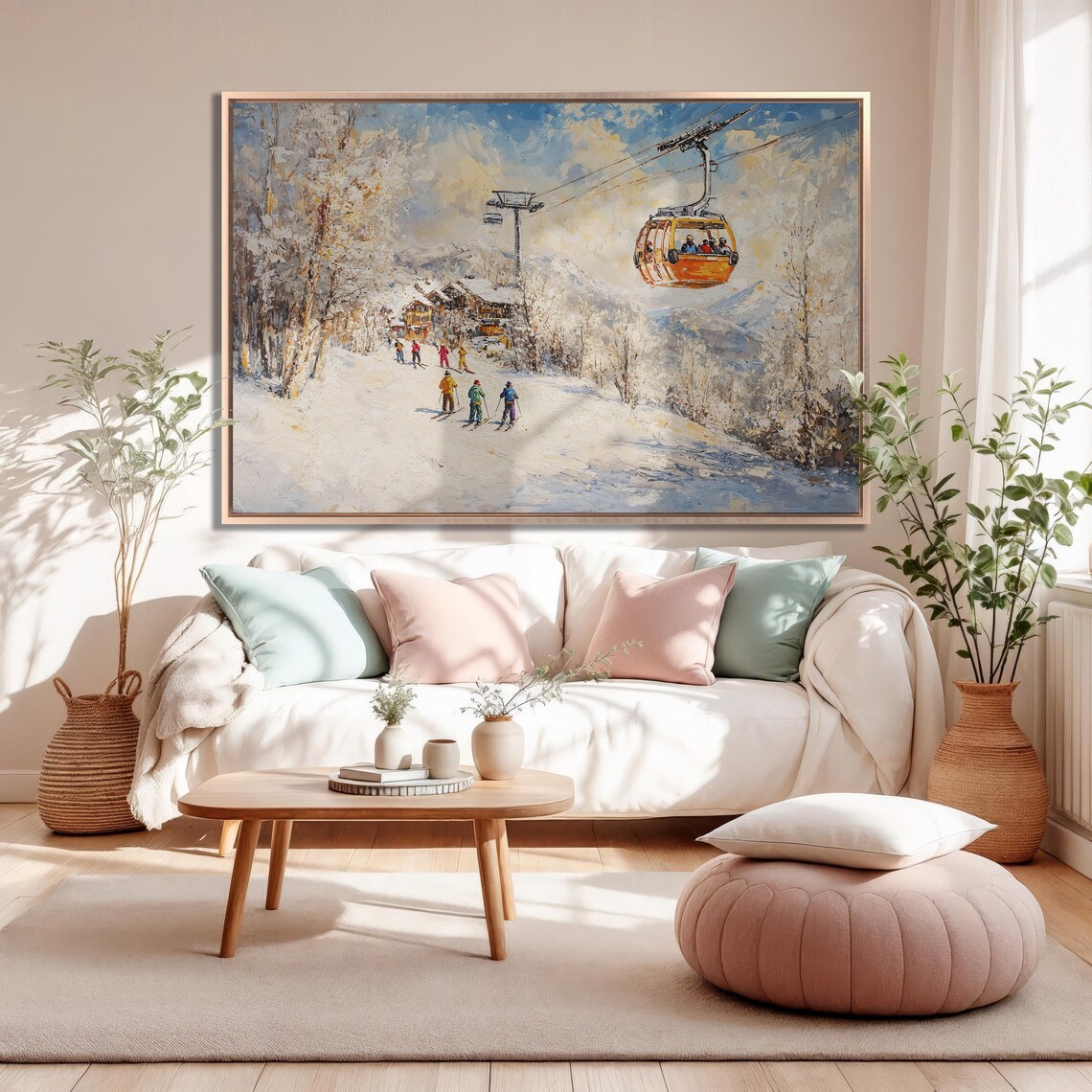Orange Gondola Above Skiers Near Alpine Village Golden Light Poster - Image 5