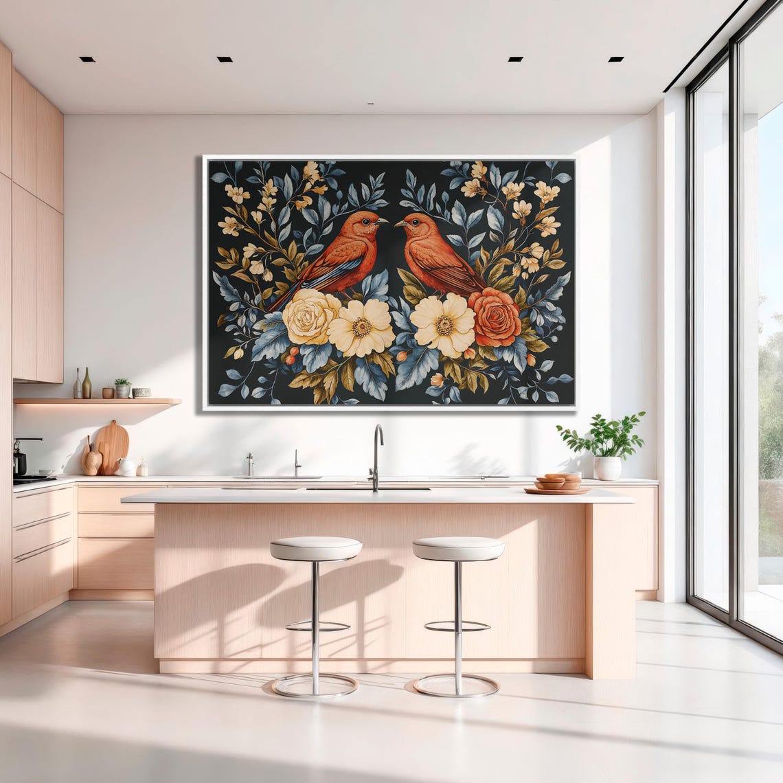 Two Red Birds Among Roses on a Dark Floral Botanical Art Poster - Image 3