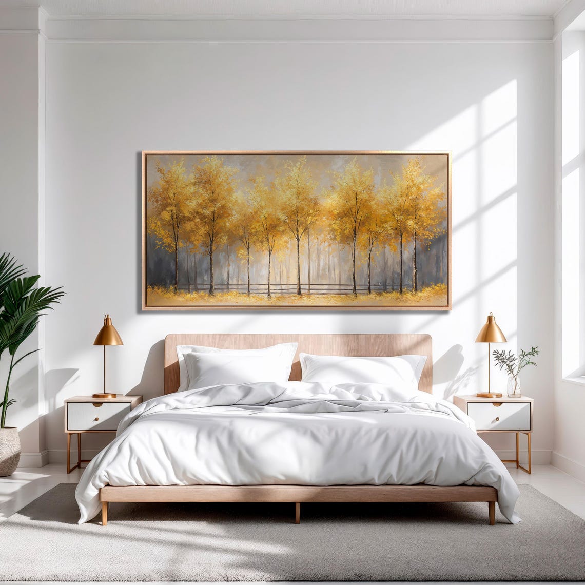 Golden Autumn Trees Row in Misty Gray Forest Elegant Art Poster - Image 3