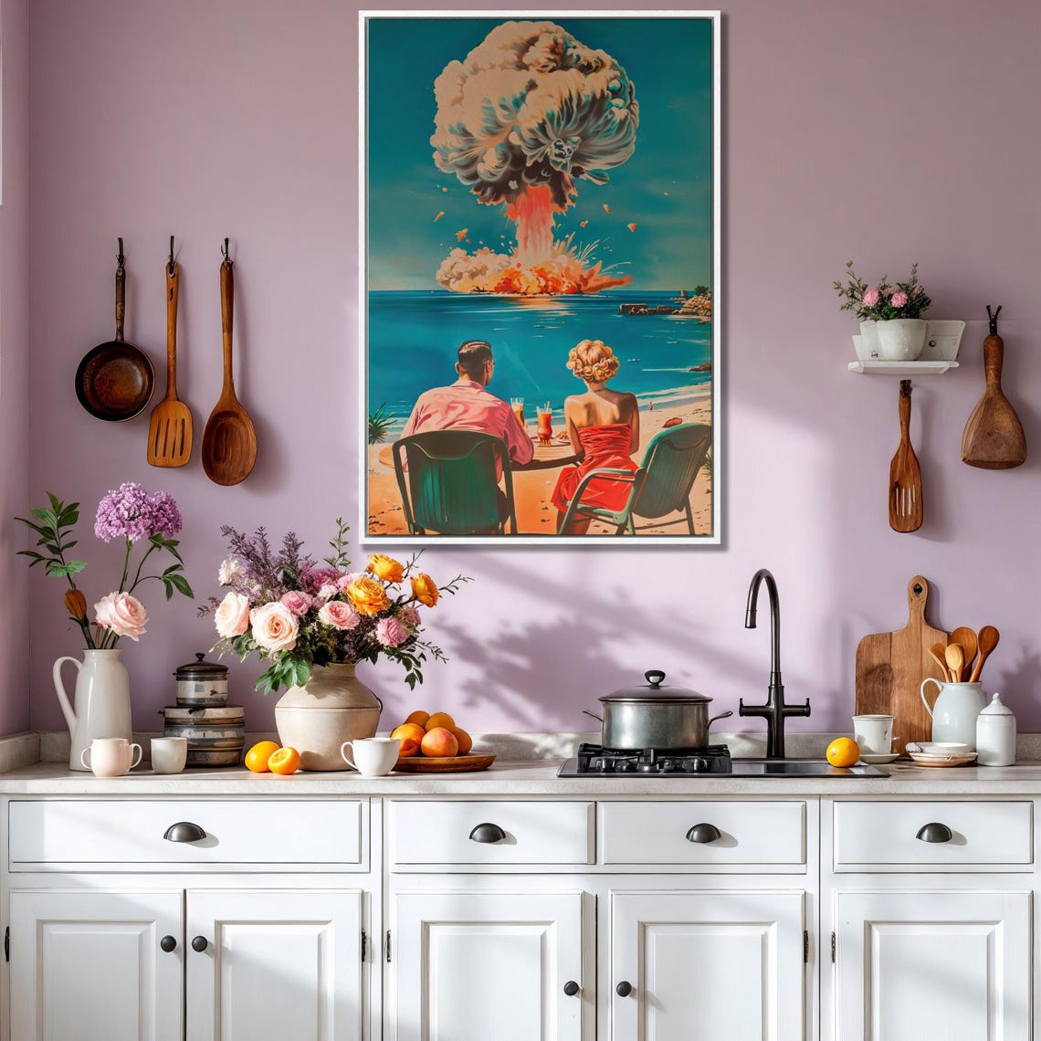 Surreal Retro Couple Watching Beach Mushroom Cloud Art Poster - Image 4