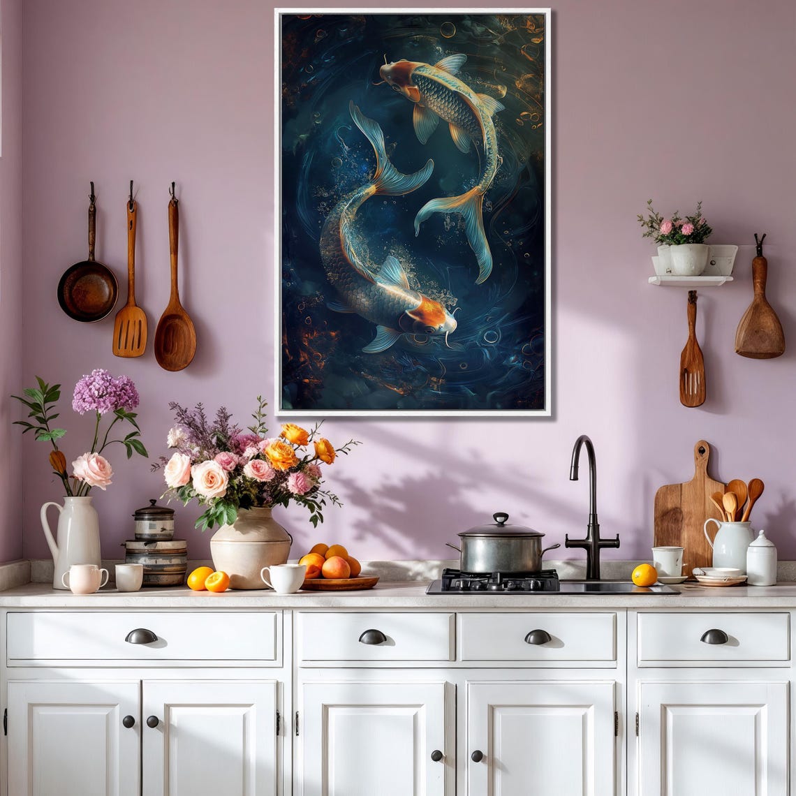 Koi Fish Yin Yang Circle In Dark Pond Japanese Painting Art Poster - Image 2