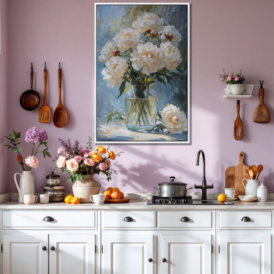 White Peonies in Glass Vase Oil Painting Style Floral Poster - Image 3