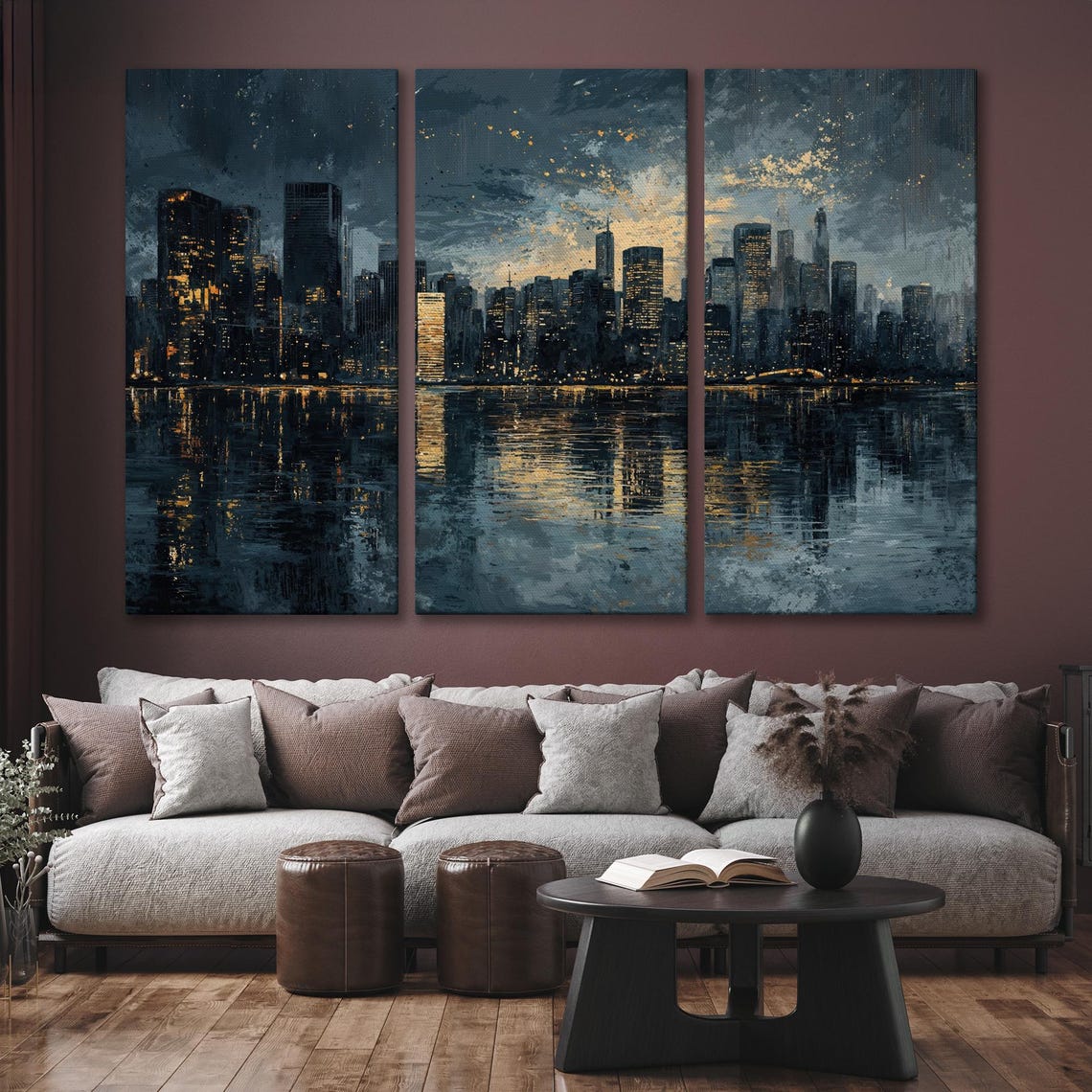 Night City Skyline with Glowing Lights Water Reflection Art Poster - Image 6