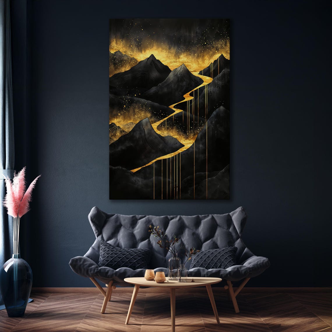 Dramatic Dark Mountains with Winding Golden River Landscape Poster - Image 6