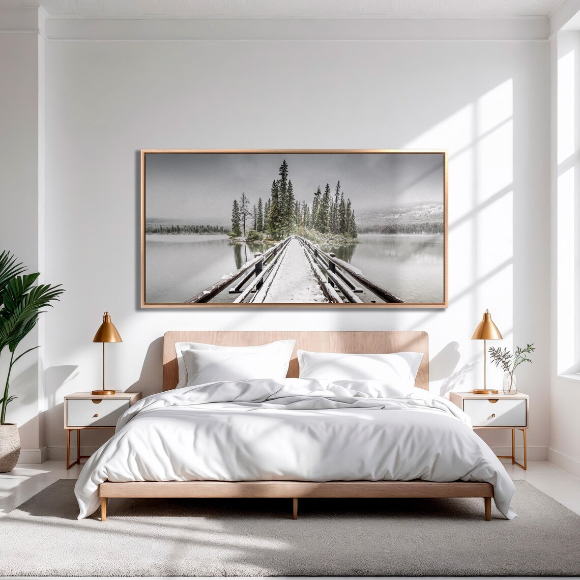Jasper National Park Pyramid Lake Snowy Bridge Canadian Large Wall Art - Image 3