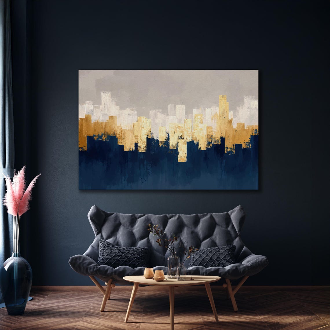 Abstract Gold and Navy City Blocks Skyline Modern Luxury Art Poster - Image 3