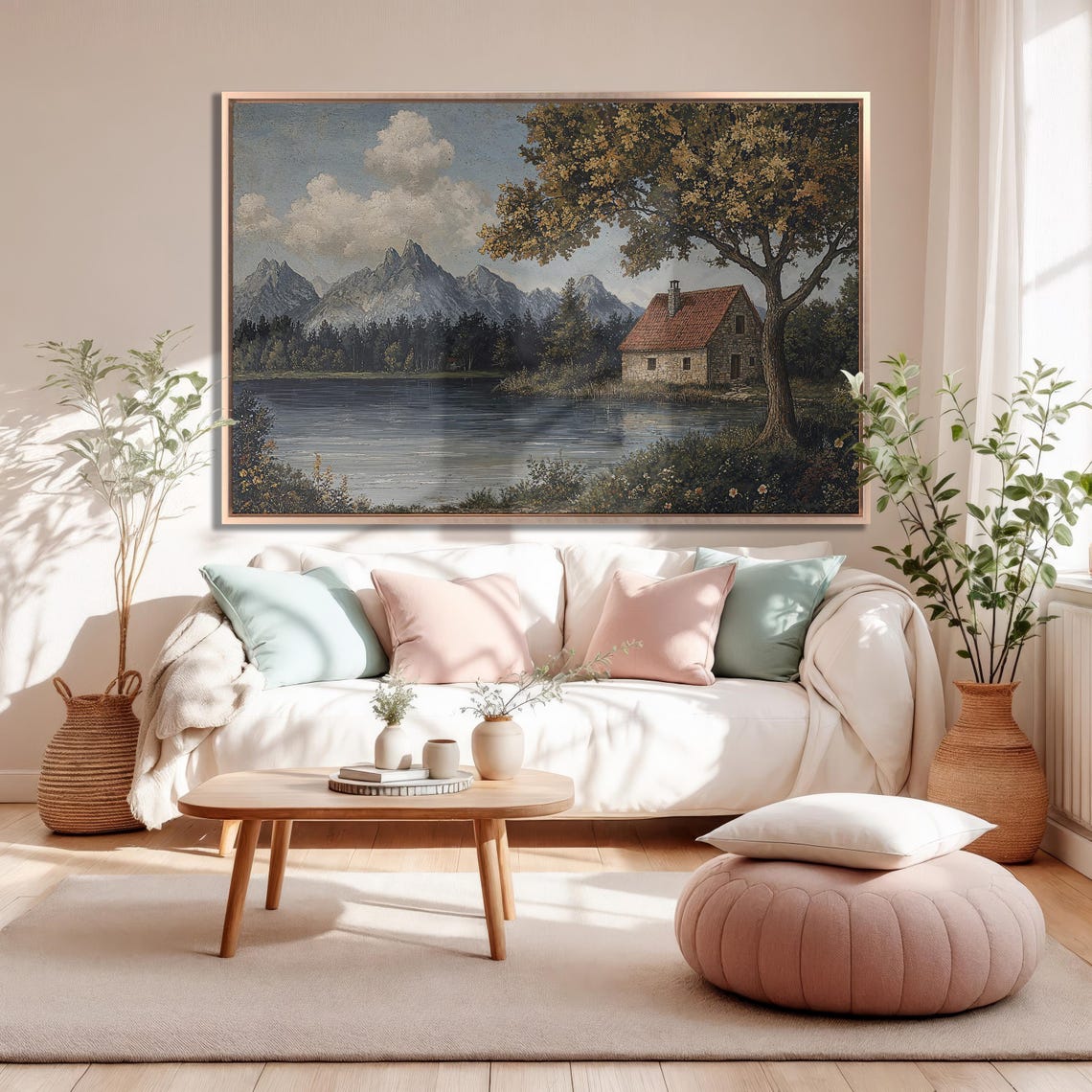 Stone Lakeside Cottage With Mountains Golden Tree Landscape Poster - Image 5