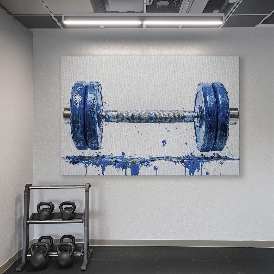 Blue Painted Dumbbell with Paint Drips on White Fitness Poster - Image 6