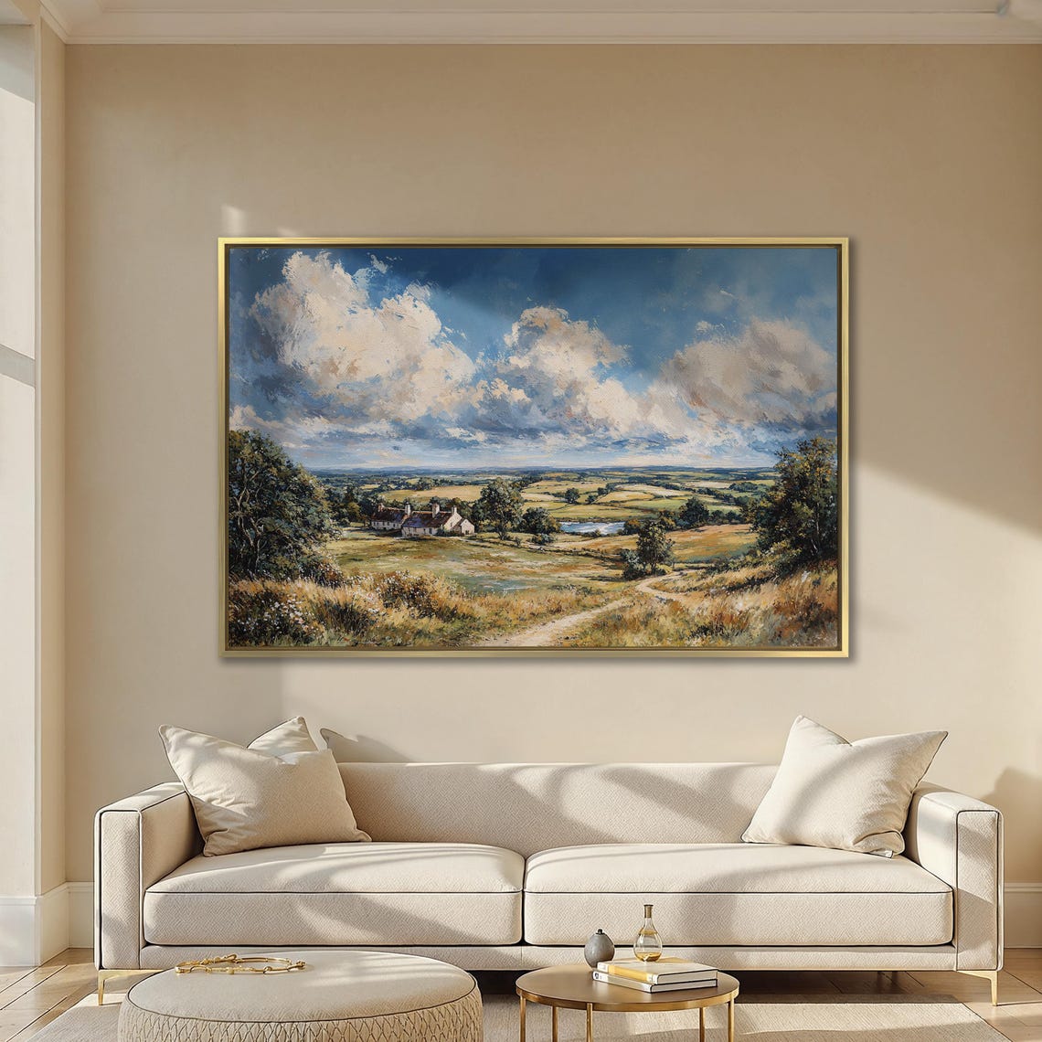 Country Cottage In Rolling Farmland Valley Sunset Landscape Poster - Image 2