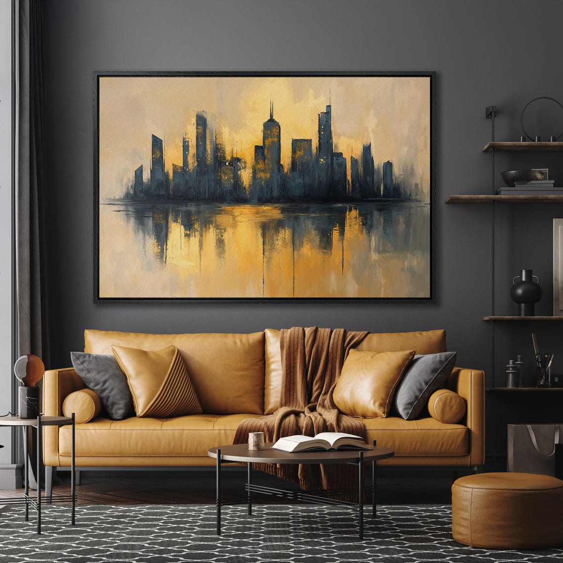 City Skyline Silhouette at Golden Sunset Water Reflection Art Poster - Image 3