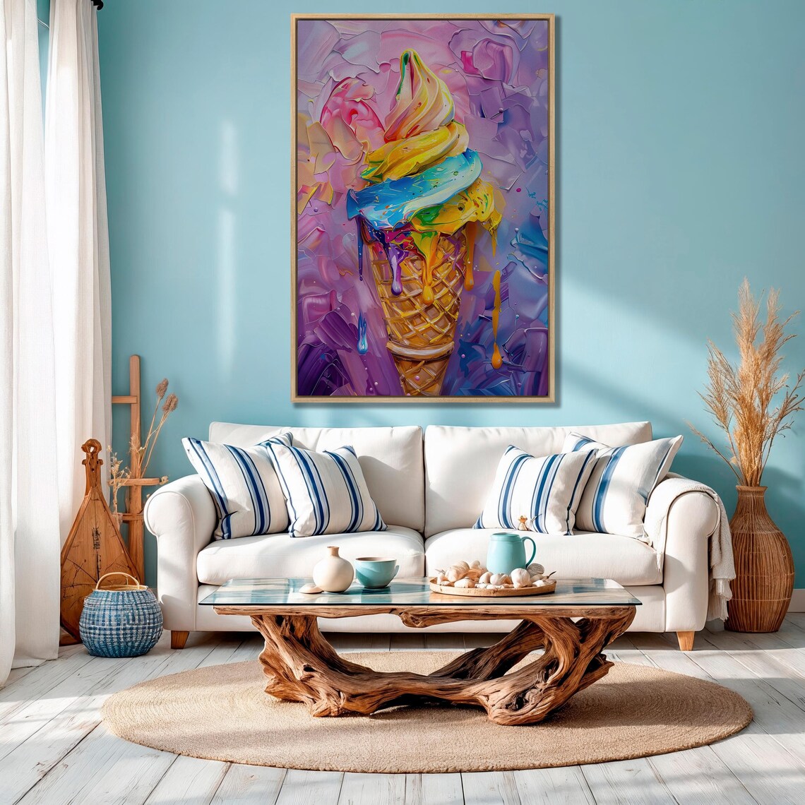 Rainbow Ice Cream Cone Impasto Oil Painting Dessert Art Poster - Image 5