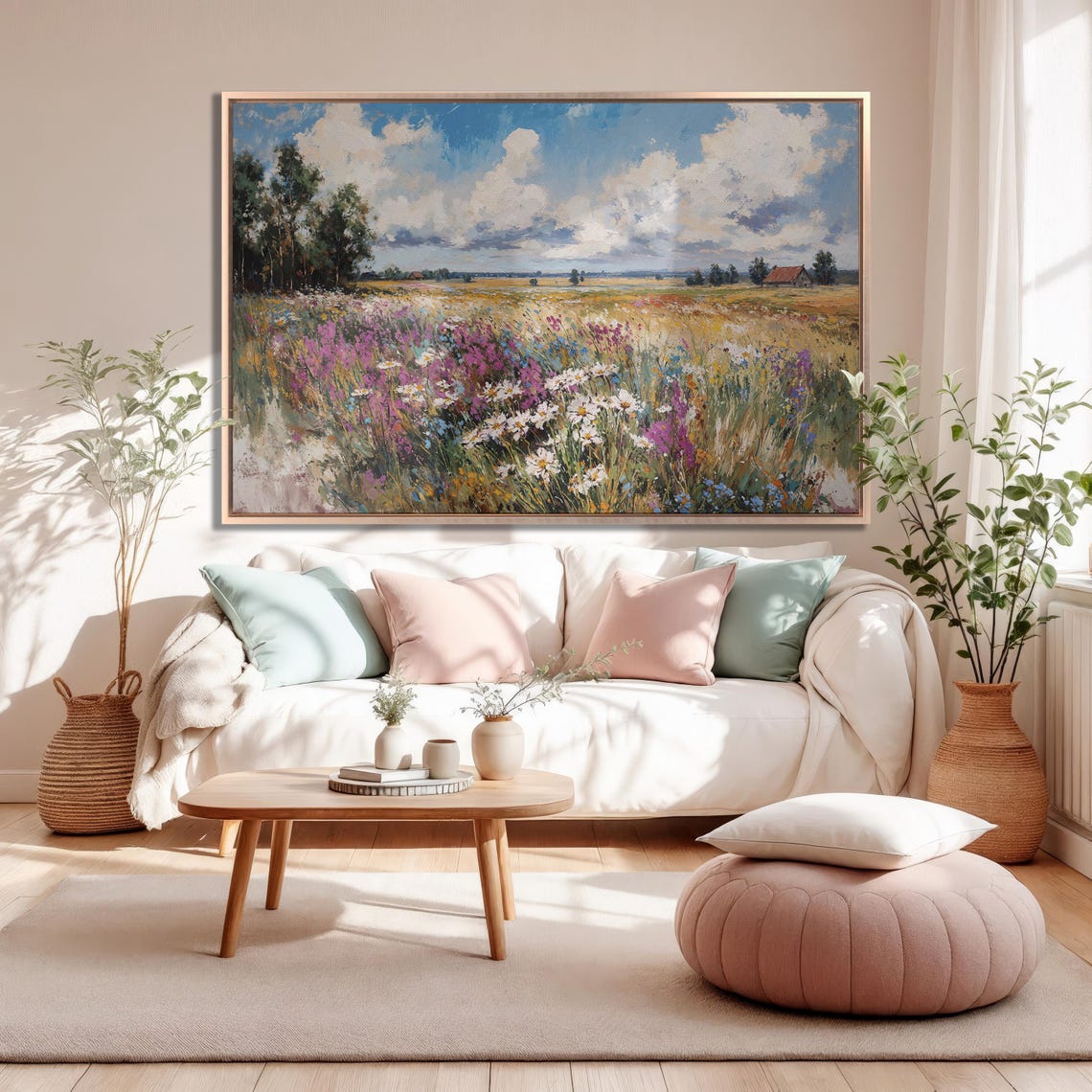 Summer Wildflower Meadow With Red Barn Under Blue Sky Poster - Image 5