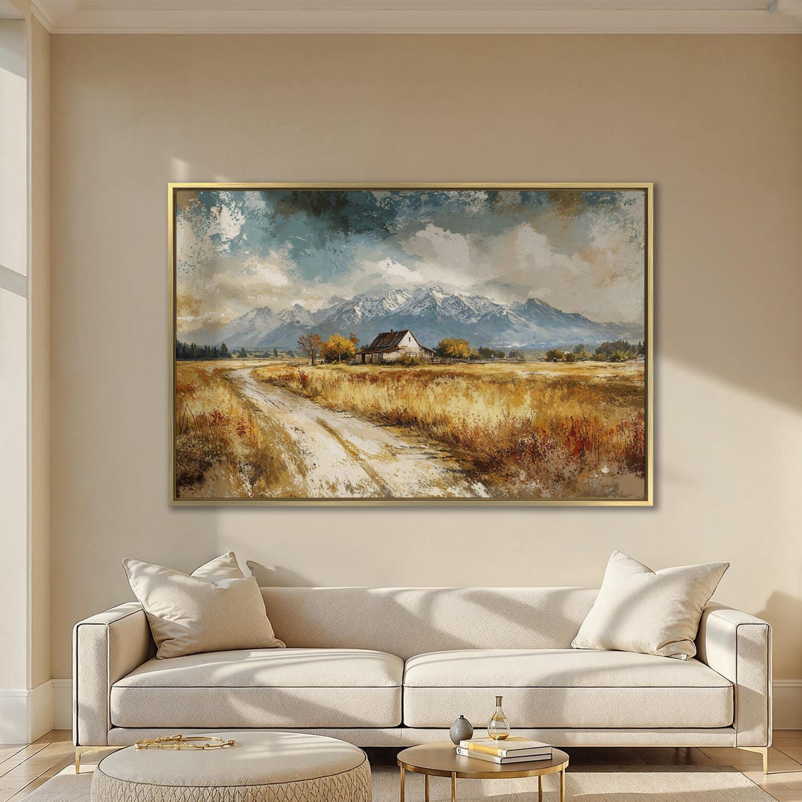 Autumn Barn Path Under Snow-Capped Mountain Landscape Poster - Image 2