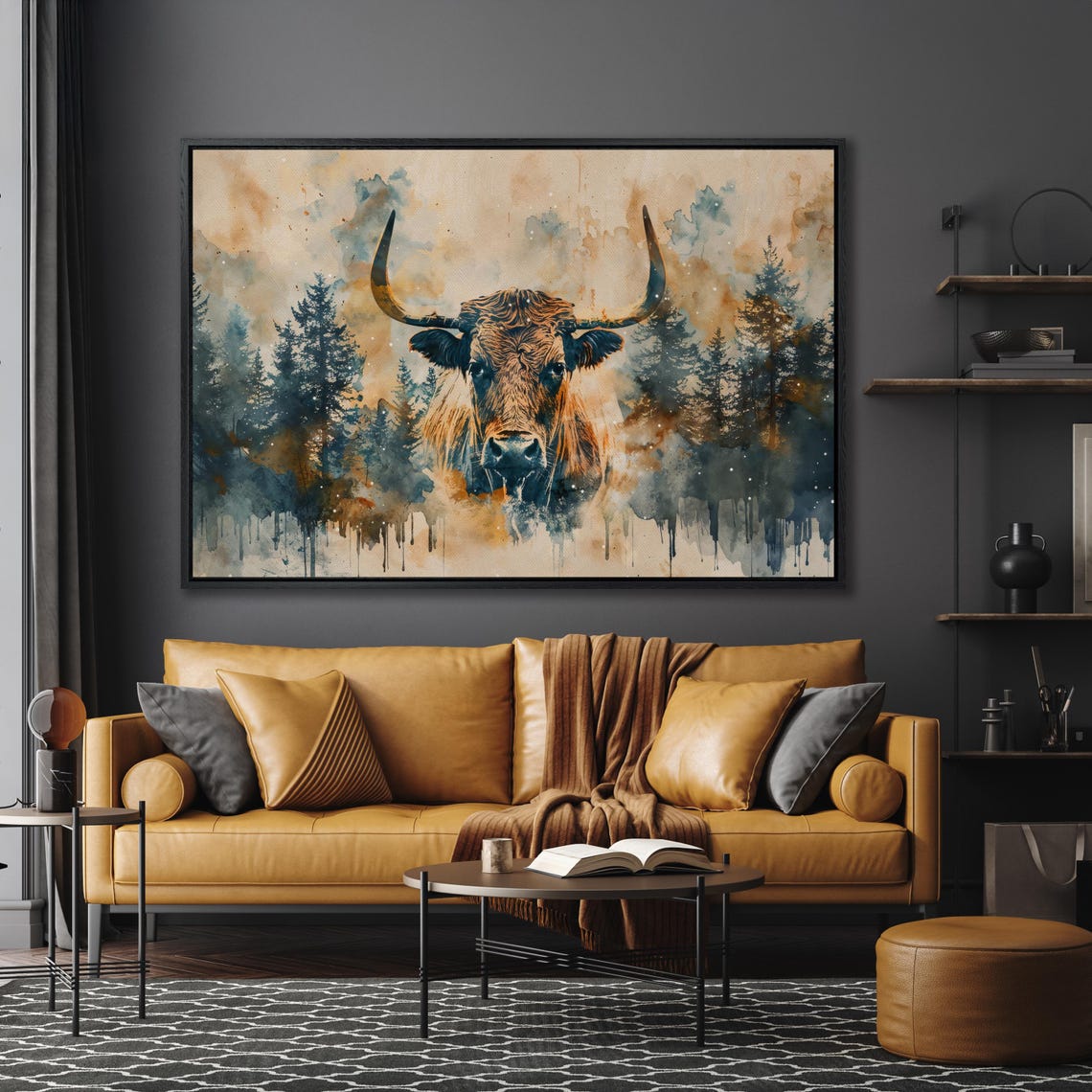 Watercolor Highland Cow Emerging From Pine Forest Wilderness Poster - Image 5