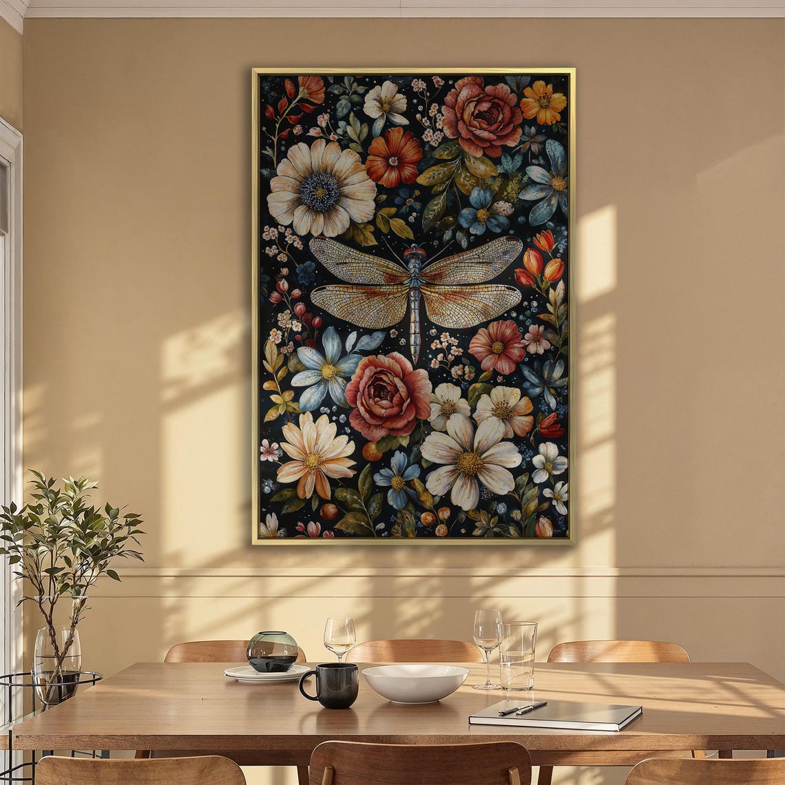 Golden Dragonfly on Dark Floral Botanical Night Garden Poster - Image 2