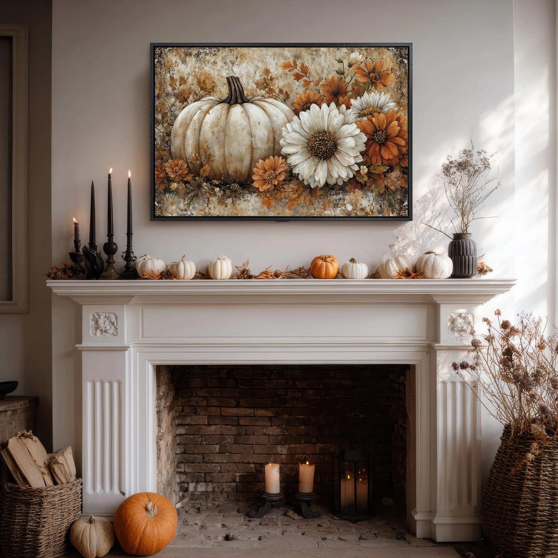 White Pumpkin Fall Flowers Rustic Autumn Harvest Canvas Art Poster