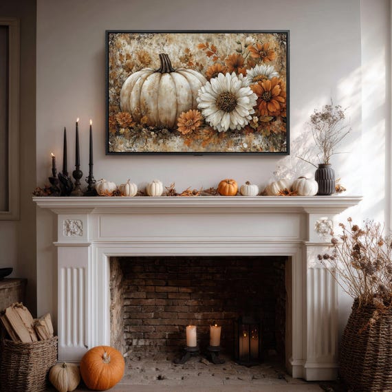 White Pumpkin Fall Flowers Rustic Autumn Harvest Canvas Art Poster