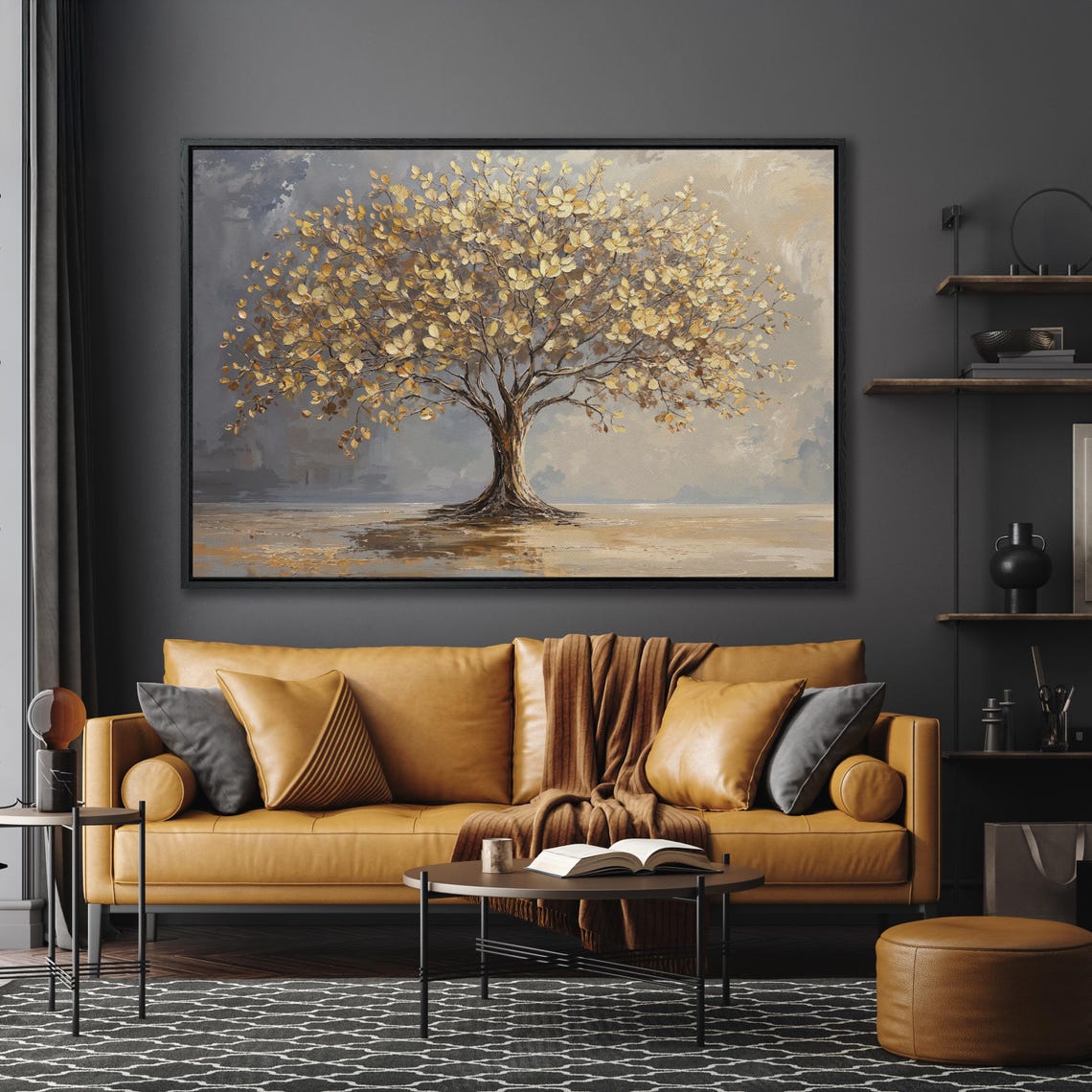 Golden Leaf Tree Standing Alone On Misty Gray Abstract Wall Art - Image 5