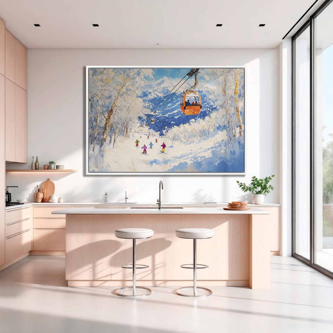 Skiers on Sunny Slope Under Orange Gondola Mountain Ski Poster - Image 3