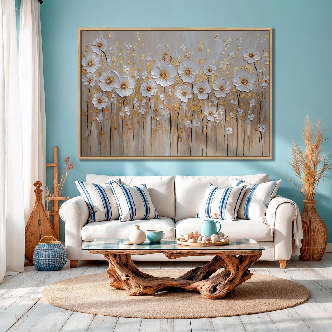 White Flowers Field with Gold Petals Impasto Meadow Elegant Art Poster - Image 3