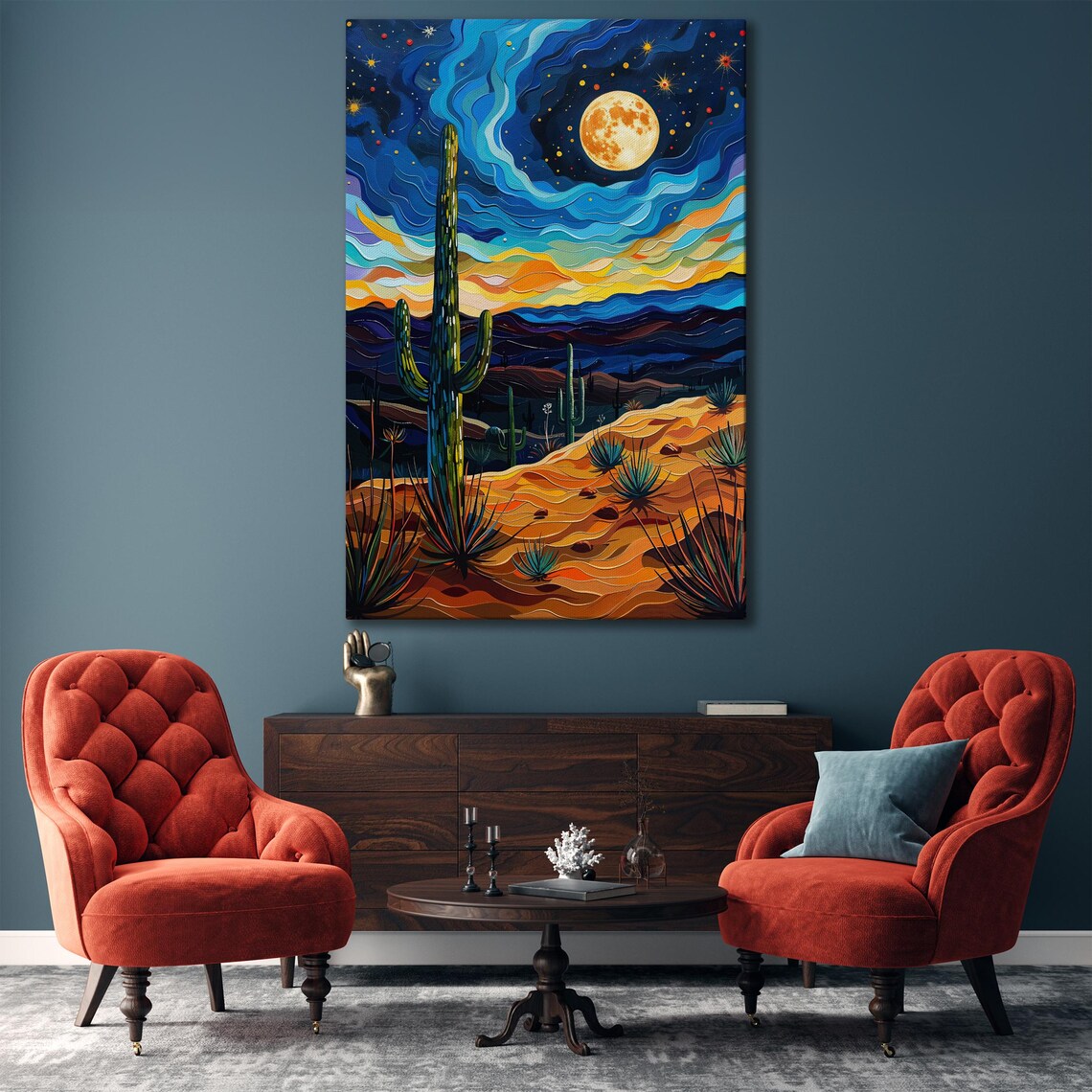 Starry Desert Night Swirling Sky Cactus Full Moon Painting Poster - Image 5