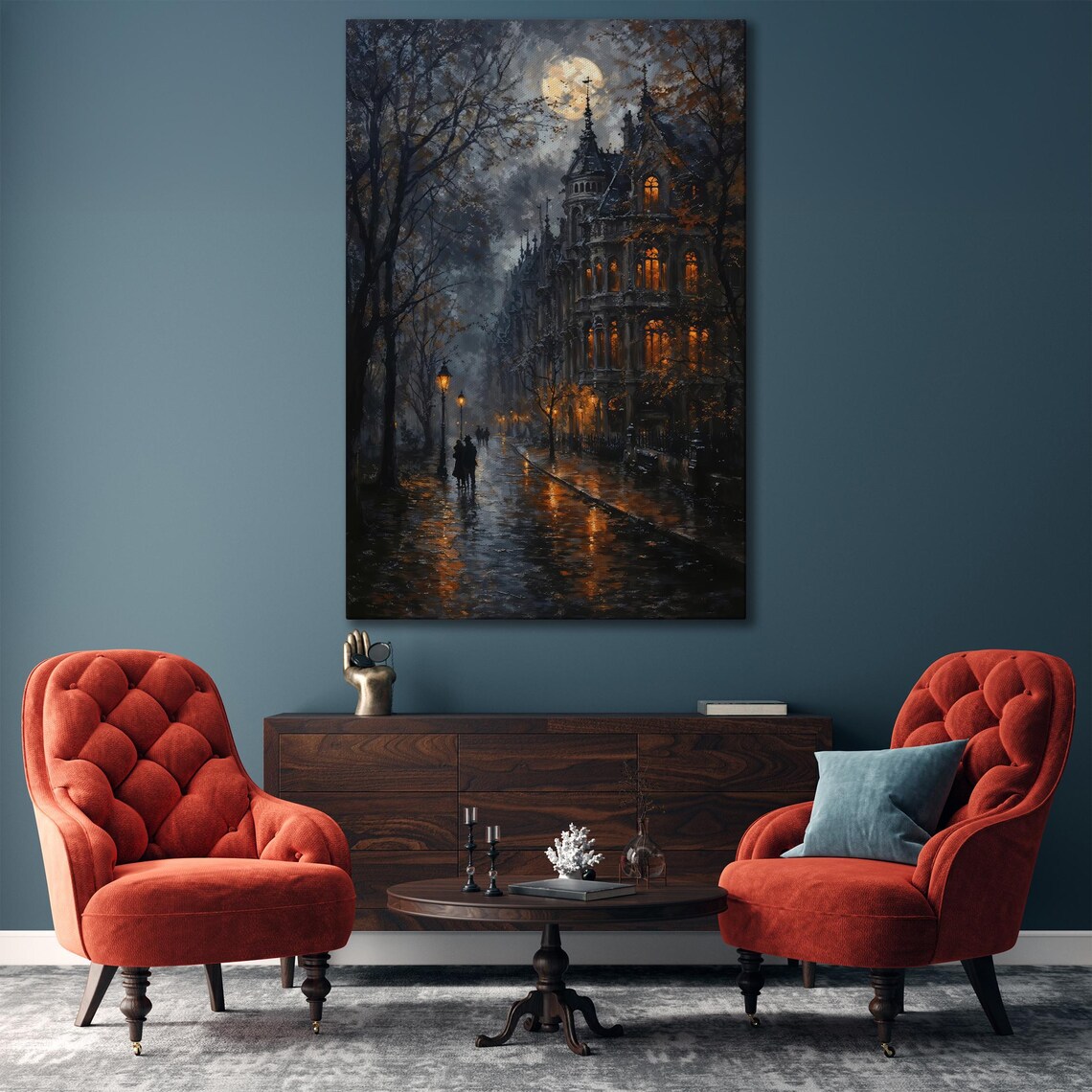 Foggy Moody Victorian Street At Night Rain Lit Windows Art Poster - Image 3