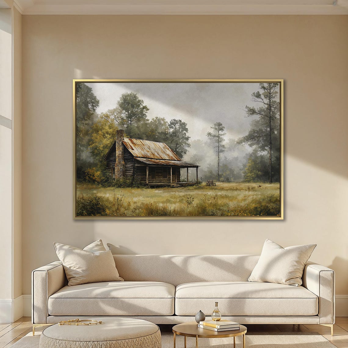 Weathered Log Cabin With Rusty Tin Roof In Misty Forest Poster - Image 2