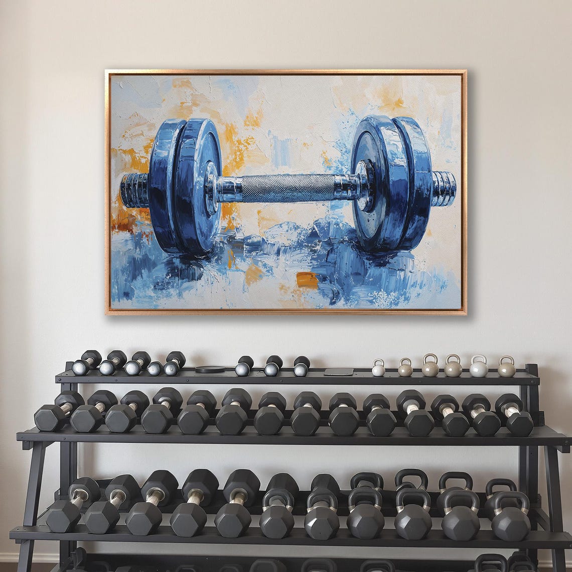Blue Painted Dumbbell on Abstract Orange Splash Background Poster - Image 4