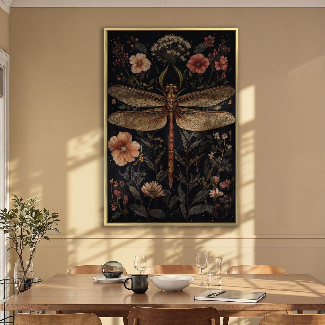 Copper Dragonfly With Soft Pink Cosmos Flowers on Black Poster - Image 2