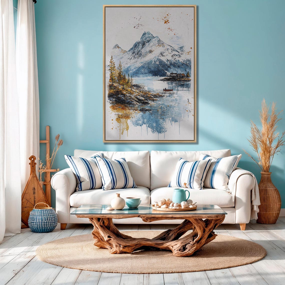 Snowy Mountain Lake with Red Canoe and Cabins Autumn Watercolor Poster - Image 4