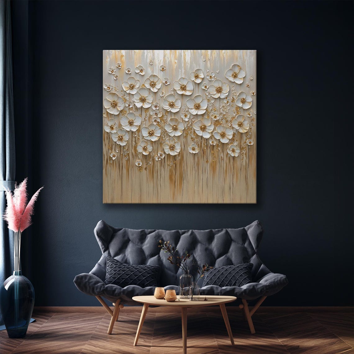 White And Gold Blossoms Impasto Floral Field Painting Art Poster - Image 6