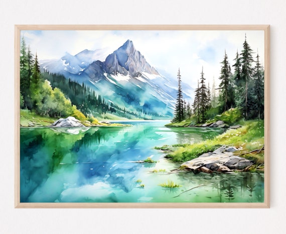 Majestic Mountain Lake Watercolor Art Print
