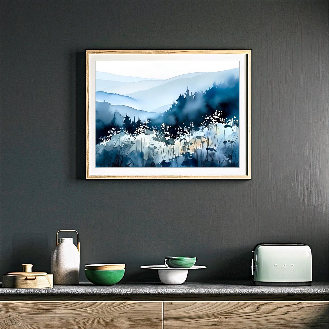 Blue Misty Mountain Ridges Wildflowers Watercolor Landscape Poster - Image 4