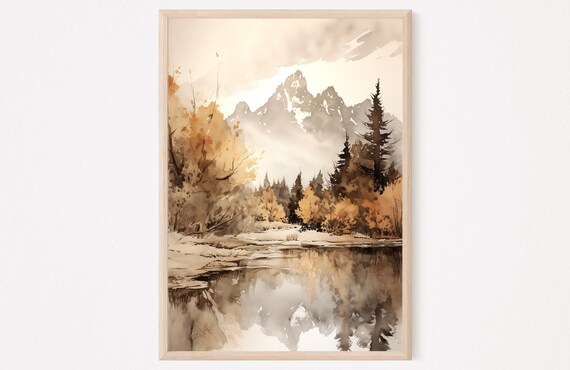 Grand Teton Autumn Lake Reflection Golden Foliage Watercolor Poster