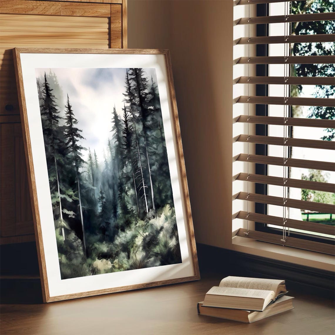 Dark Evergreen Forest Mist Moody Pine Trees Watercolor Poster - Image 3