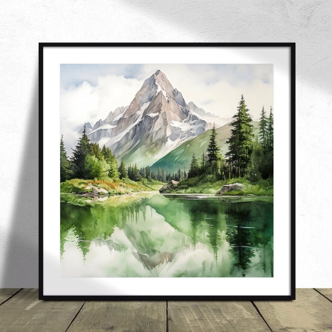 Snow Peak Lake Reflection Pine Forest Watercolor Nature Art Poster - Image 2