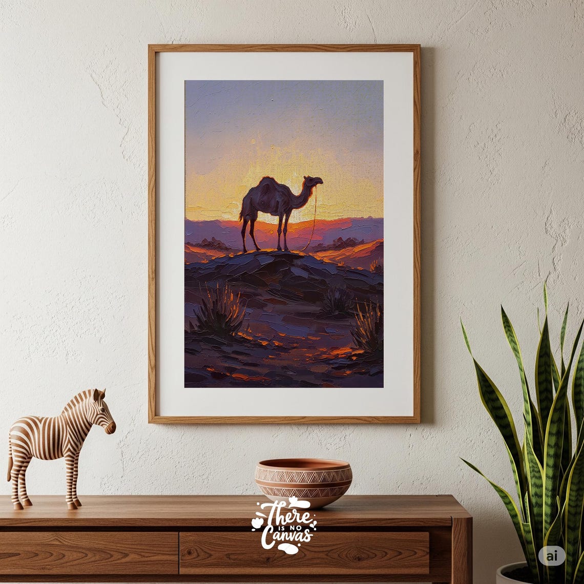 Camel Silhouette Desert Sunset Golden Dunes Oil Painting Art Poster