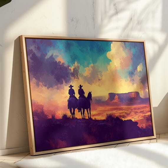 Cowboys At Sunset Art Print Southwestern Desert Horseback Scene Vibrant Western Landscape Wall Decor For Rustic Or Western Homes