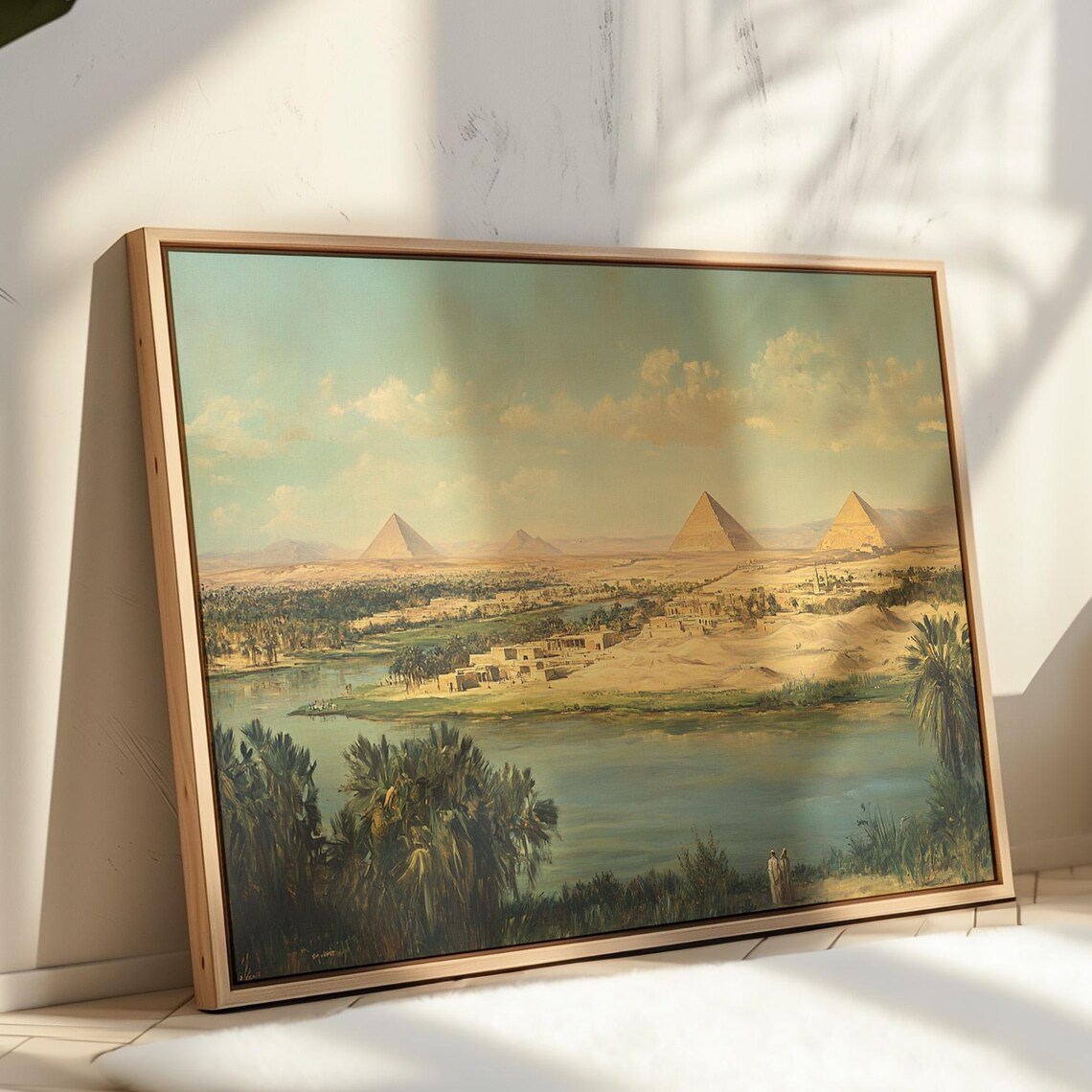 Ancient Egypt Landscape, Nile River and Pyramid View Art Print