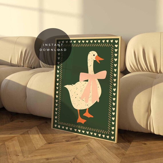 Silly Goose Pink Bow Cute Funny Dark Green Nursery Art Poster