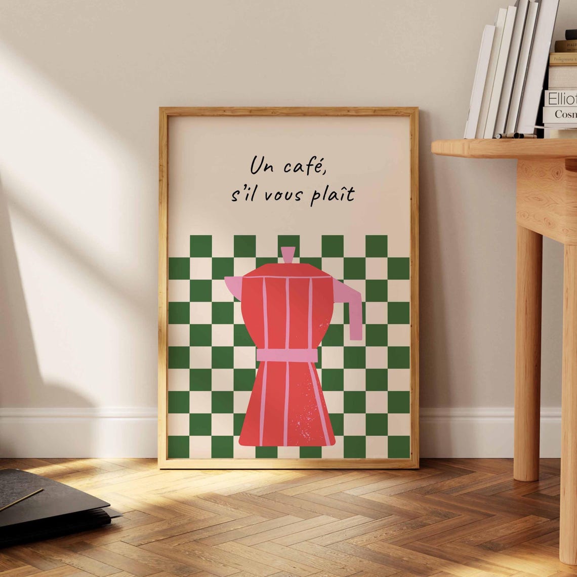 Un Cafe Sil Vous Plait French Retro Red Moka Pot Checkered Poster