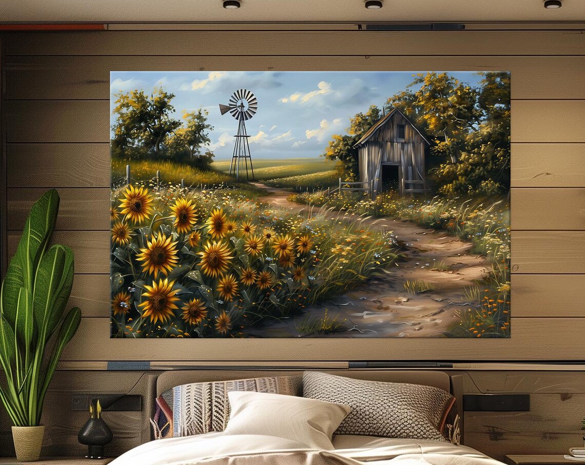 Sunflower Landscape Art Print, Farmhouse Country Field