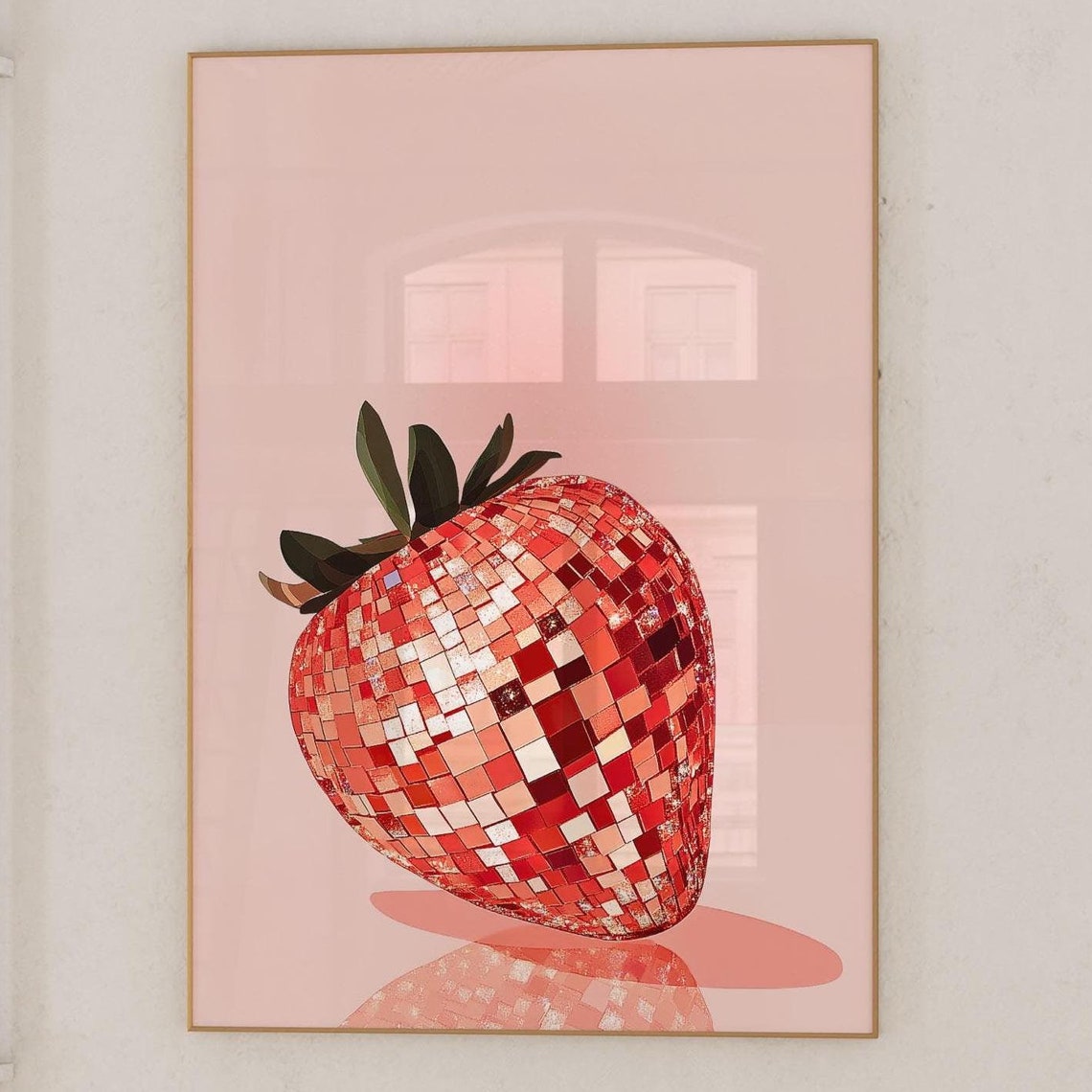 Disco Ball Strawberry Mirror Tiles On Blush Pink Funky Kitchen Poster