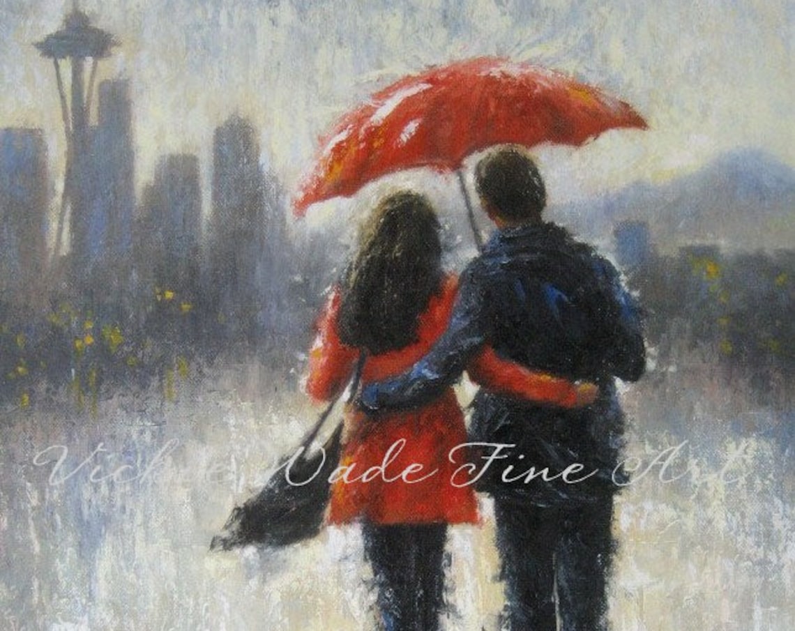 Seattle Lovers In The Rain With Red Umbrella Space Needle Art Poster