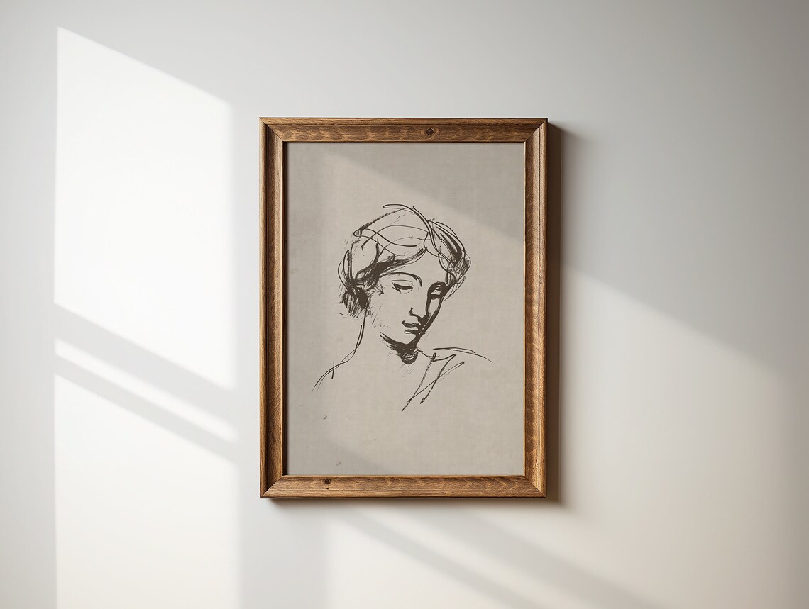 Classic Line Sketch Portrait Of A Woman On Beige Vintage Art Print