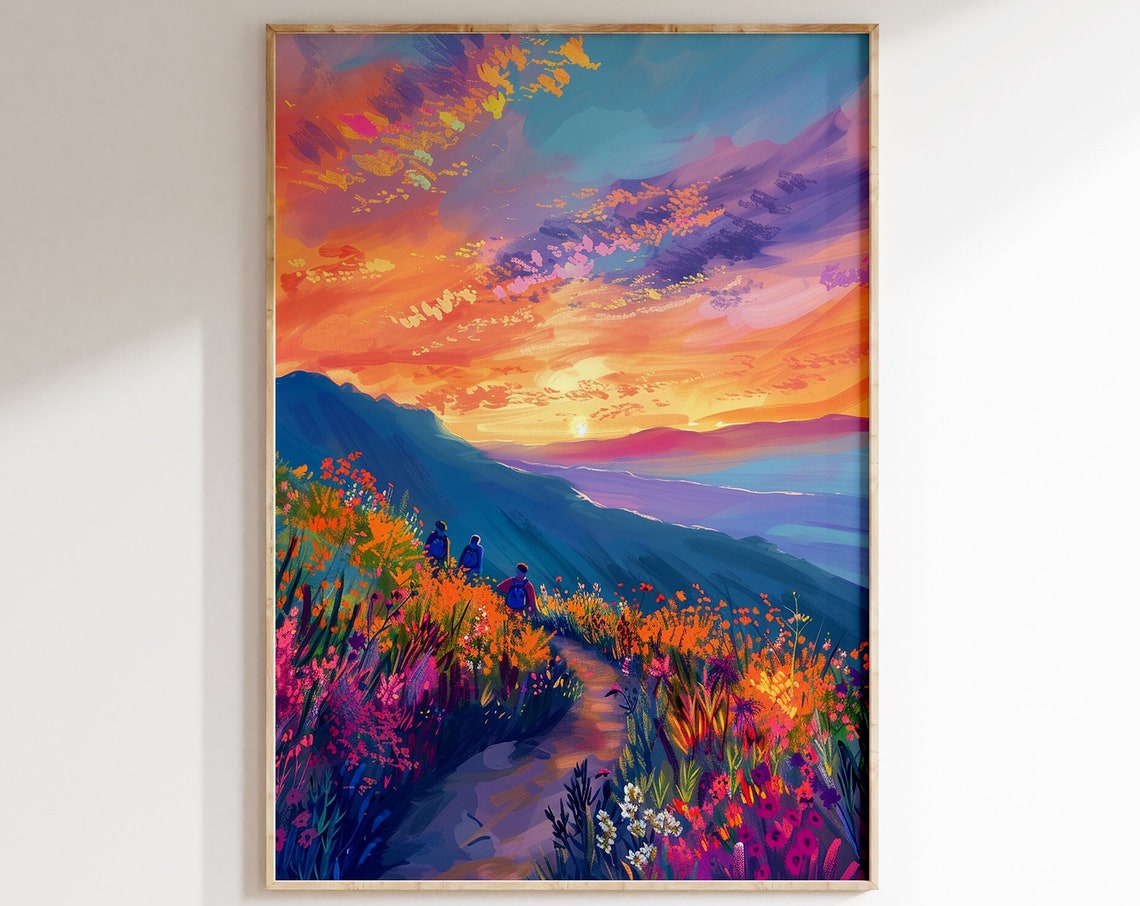 Sunset Mountain Meadow Wildflower Path Impressionist Art Poster - Image 5