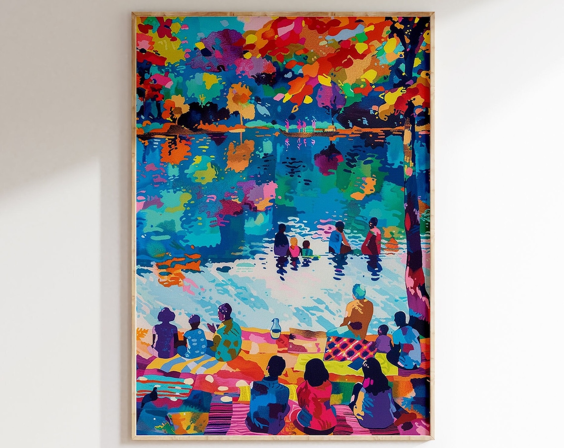 Lakeside Family Picnic Autumn Trees Reflection Joyful Poster